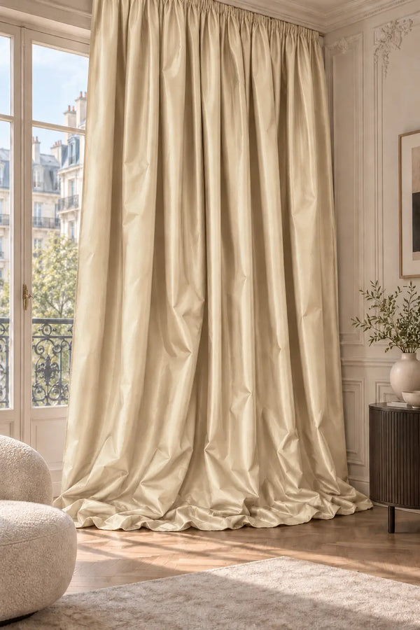 Double rideaux Tito Taffetas en situation, taffetas de 300 cm aux reflets subtils, coloris beige sable