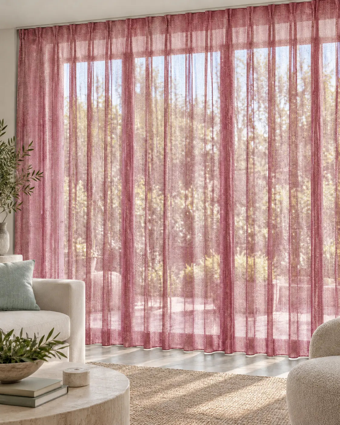 Voilage Arthemis 161 Pink en situation, non-feu M1 de 300 cm de laize