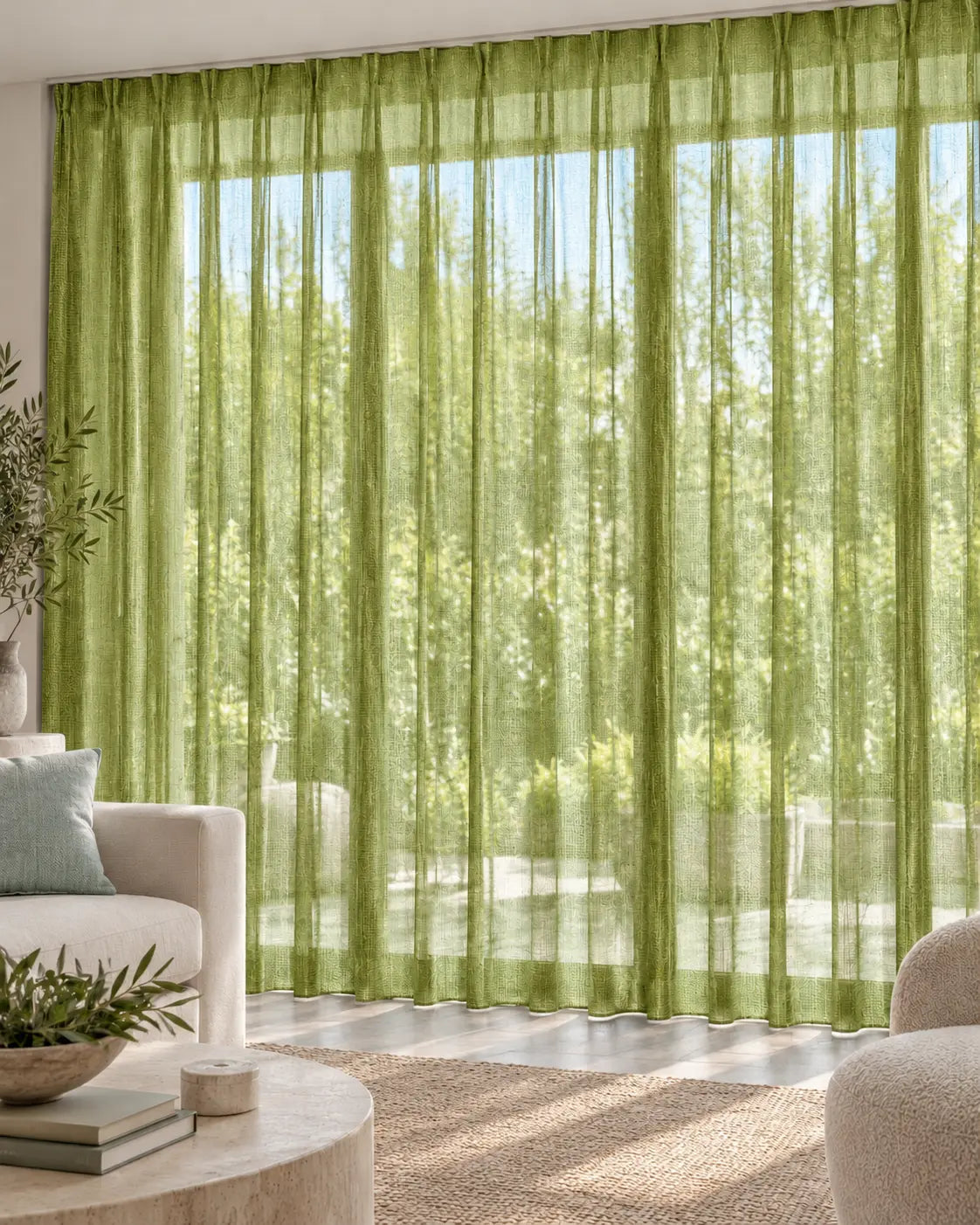 Voilage Arthemis 207 Green Mix en situation, non-feu M1 de 300 cm de laize