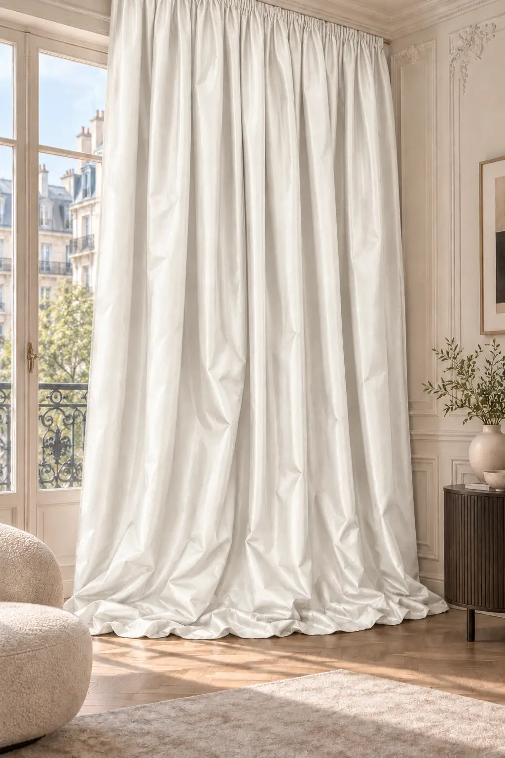 Double rideaux Tito Taffetas 0201 en situation, taffetas grande largeur, coloris blanc perle
