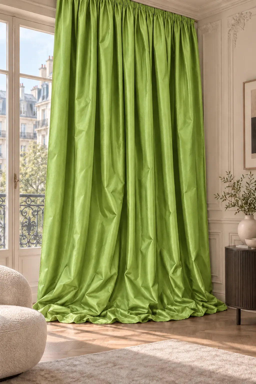 Double rideaux Tito Taffetas 1001 en situation, taffetas grande largeur, coloris vert chartreuse