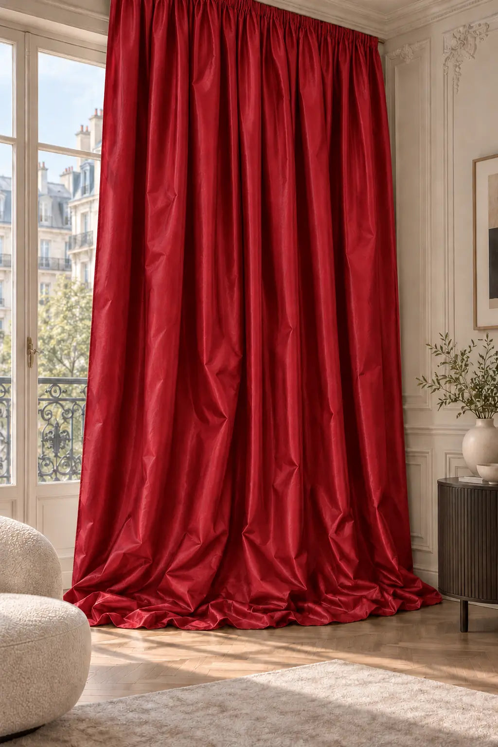 Double rideaux Tito Taffetas 1601 en situation, taffetas grande largeur, coloris rouge rubis