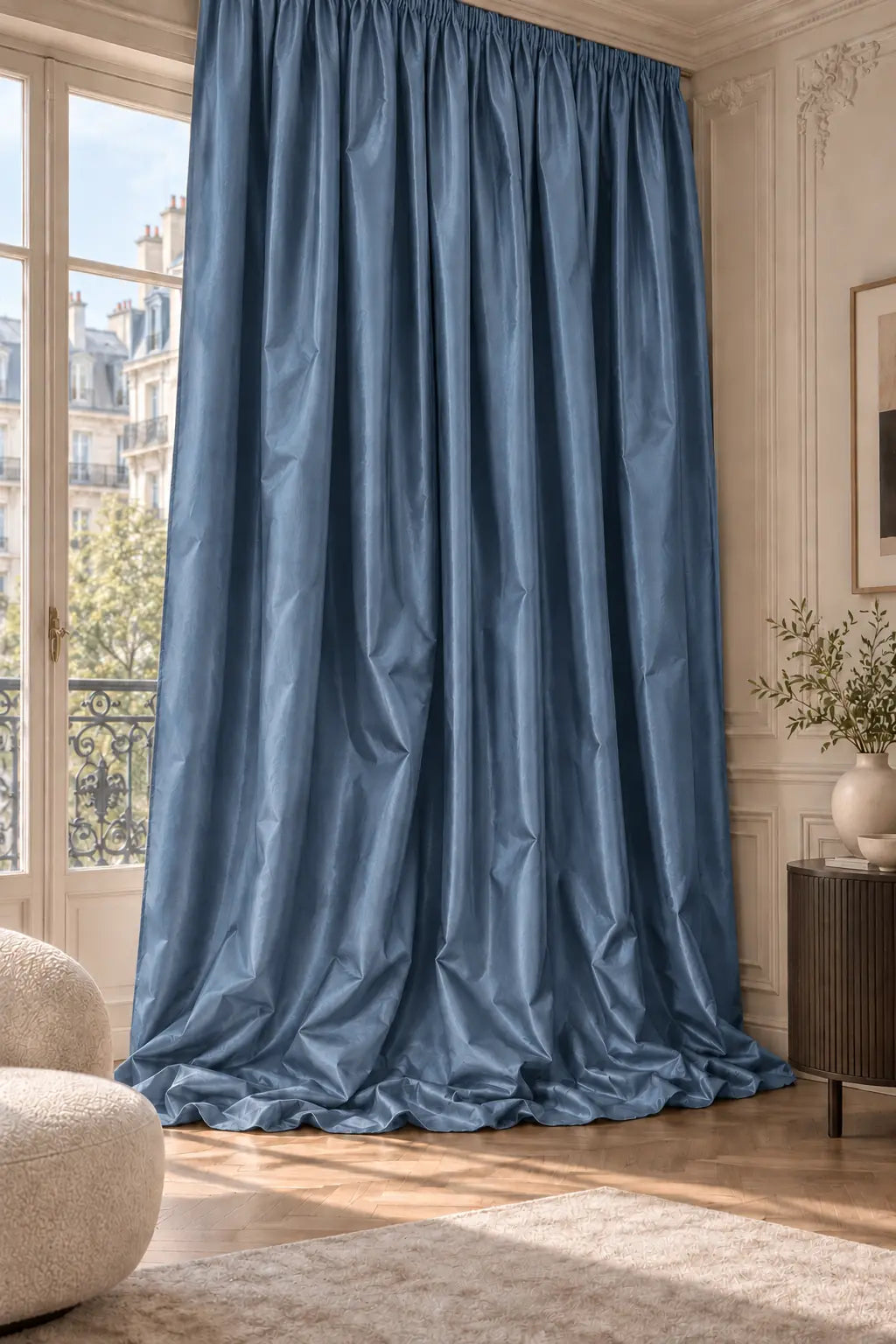 Double rideaux Tito Taffetas 1801 en situation, taffetas grande largeur, coloris bleu ardoise
