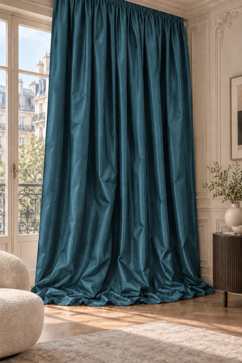 Double rideaux Tito Taffetas 1901 en situation, taffetas grande largeur, coloris bleu pétrole
