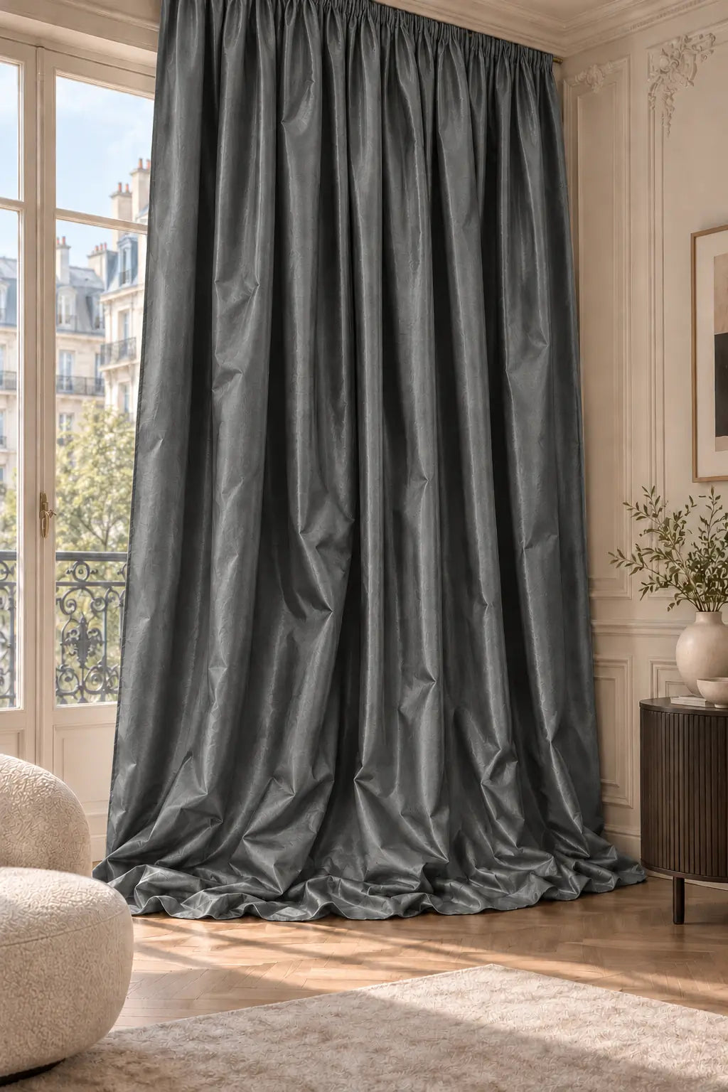 Double rideaux Tito Taffetas 2401 en situation, taffetas grande largeur, coloris anthracite