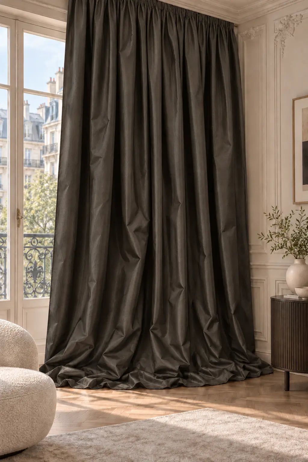 Double rideaux Tito Taffetas 2601 en situation, taffetas grande largeur, coloris anthracite brun