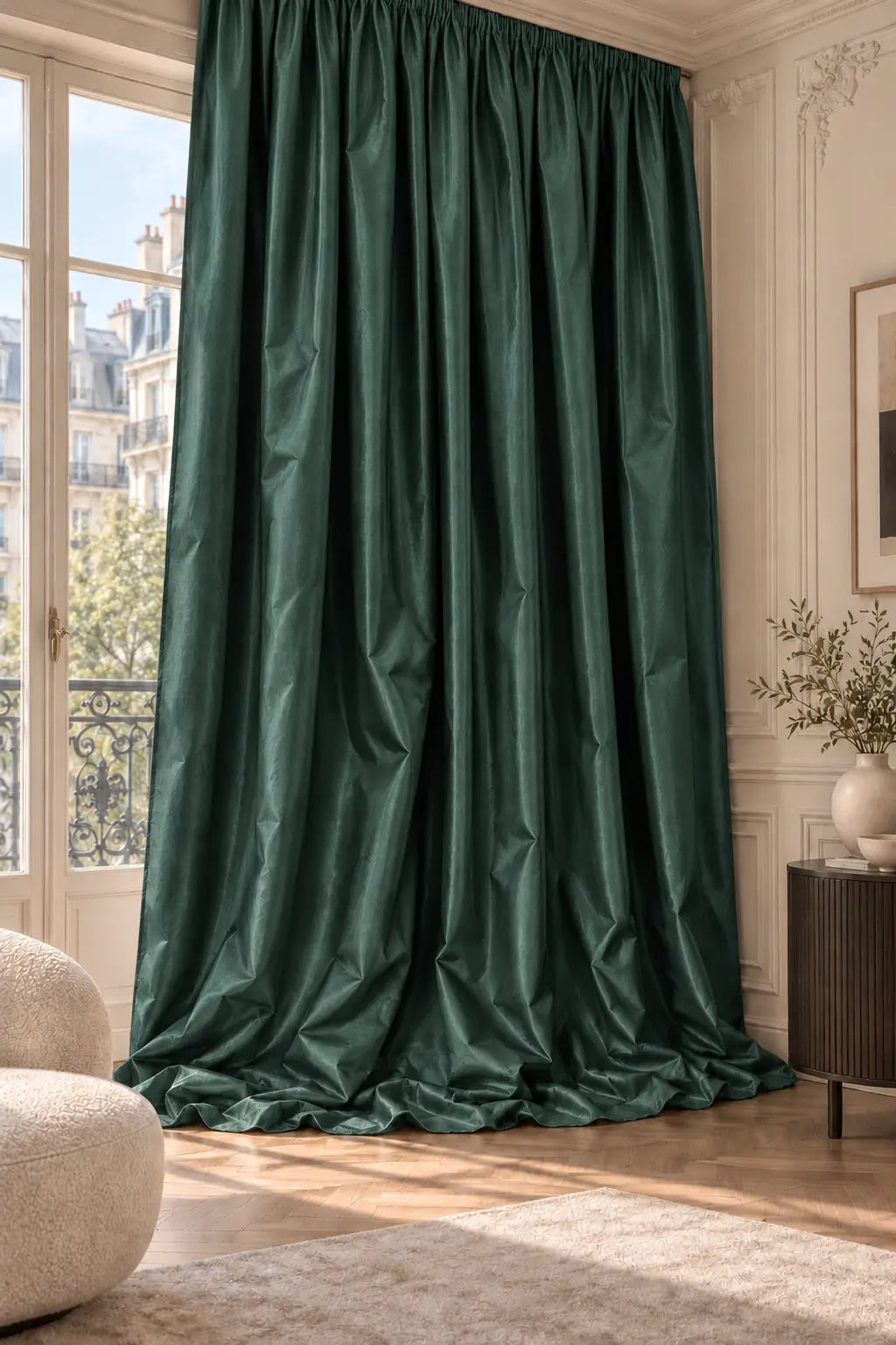 Double rideaux Tito Taffetas 2701 en situation, taffetas grande largeur, coloris vert sapin