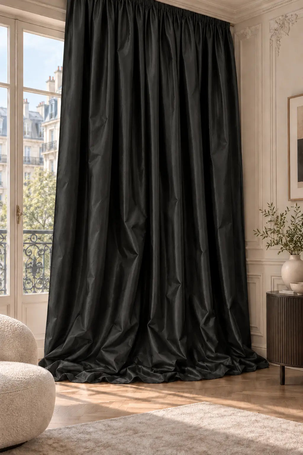Double rideaux Tito Taffetas 3001 en situation, taffetas grande largeur, coloris noir profond