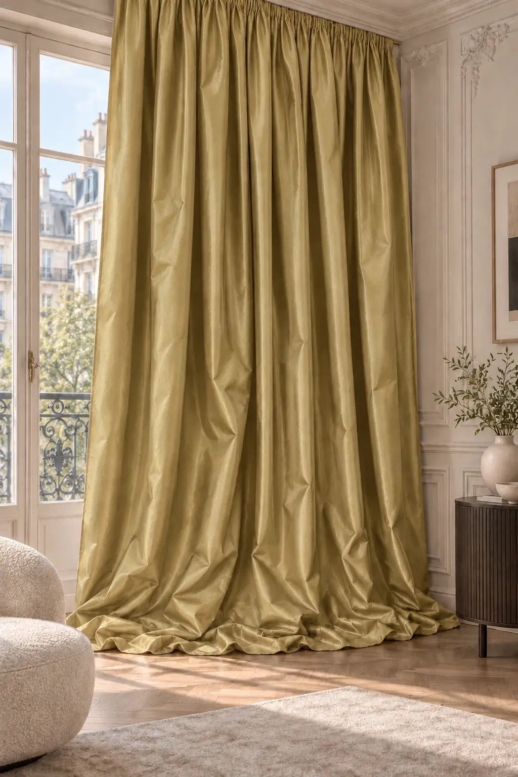 Double rideaux Tito Taffetas 3701 en situation, taffetas grande largeur, coloris ocre doré