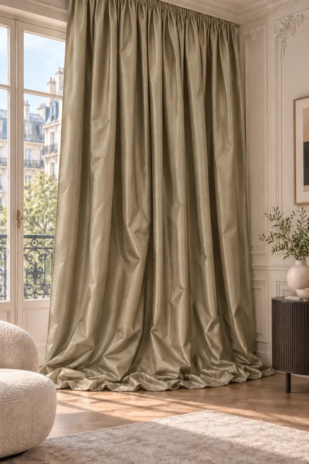 Double rideaux Tito Taffetas 3801 en situation, taffetas grande largeur, coloris taupe kaki