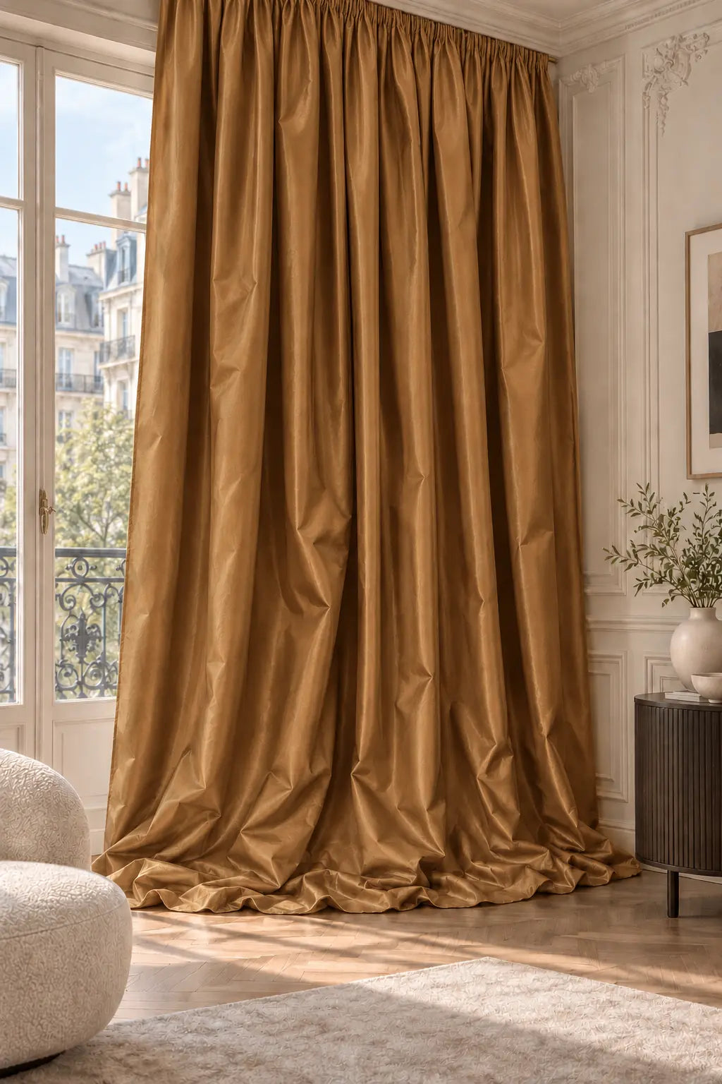Double rideaux Tito Taffetas 4401 en situation, taffetas grande largeur, coloris cognac