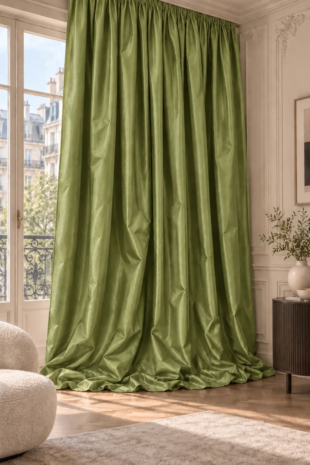 Double rideaux Tito Taffetas 4501 en situation, taffetas grande largeur, coloris vert olive