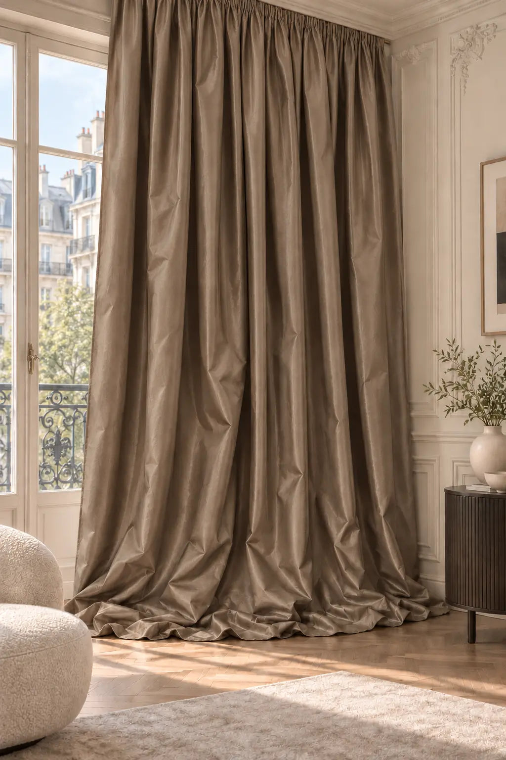 Double rideaux Tito Taffetas 4601 en situation, taffetas grande largeur, coloris brun taupe