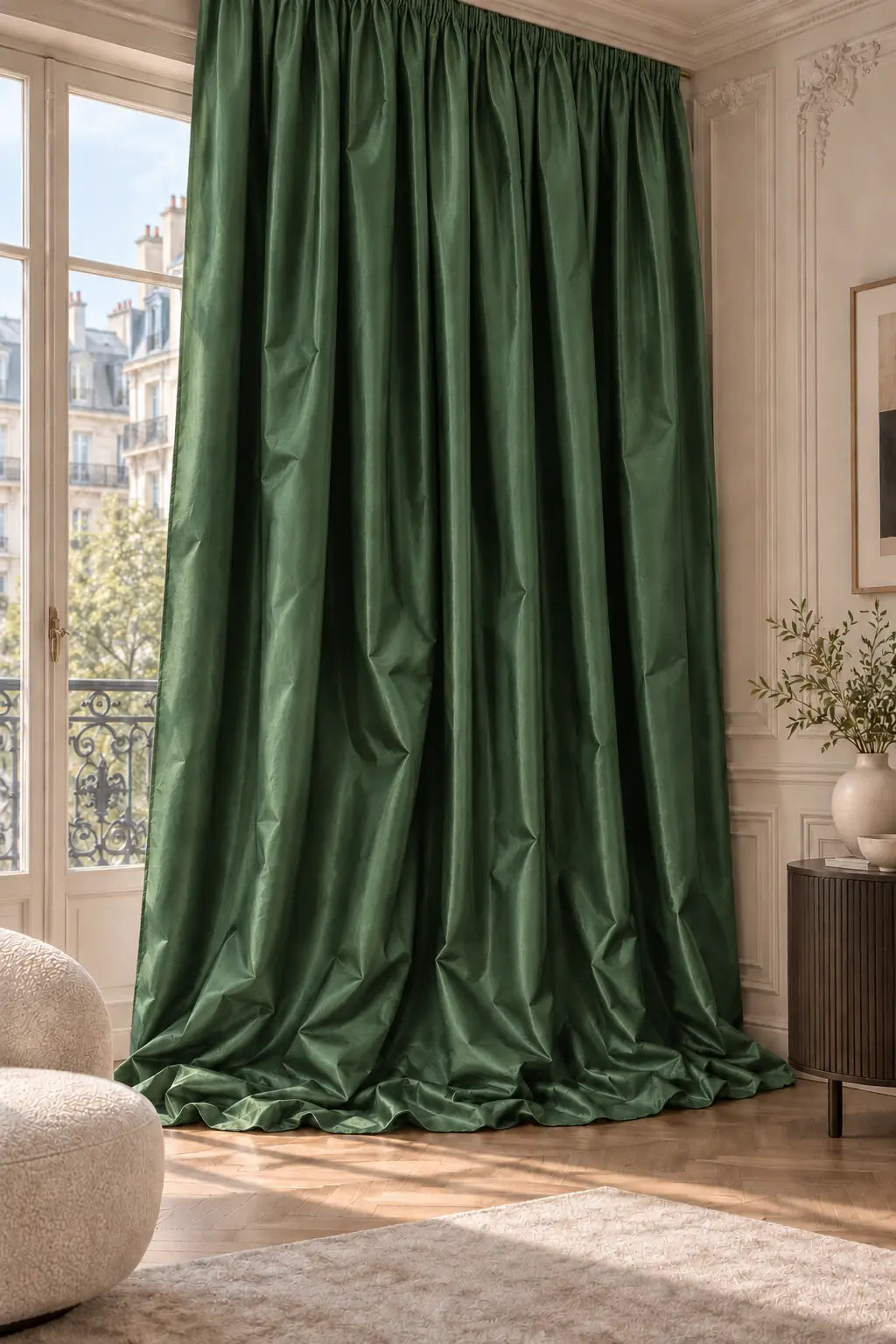 Double rideaux Tito Taffetas 4701 en situation, taffetas grande largeur, coloris vert forêt