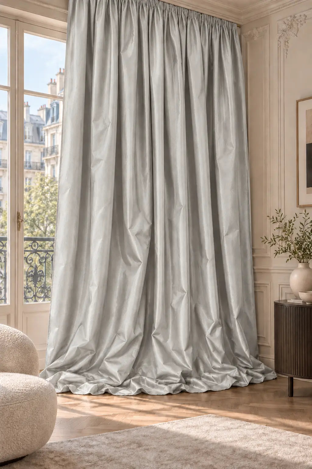 Double rideaux Tito Taffetas 4801 en situation, taffetas grande largeur, coloris gris perle