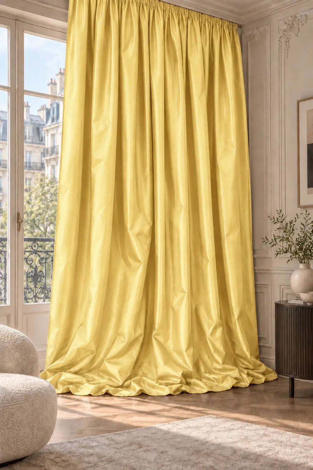 Double rideaux Tito Taffetas 4901 en situation, taffetas grande largeur, coloris jaune paille