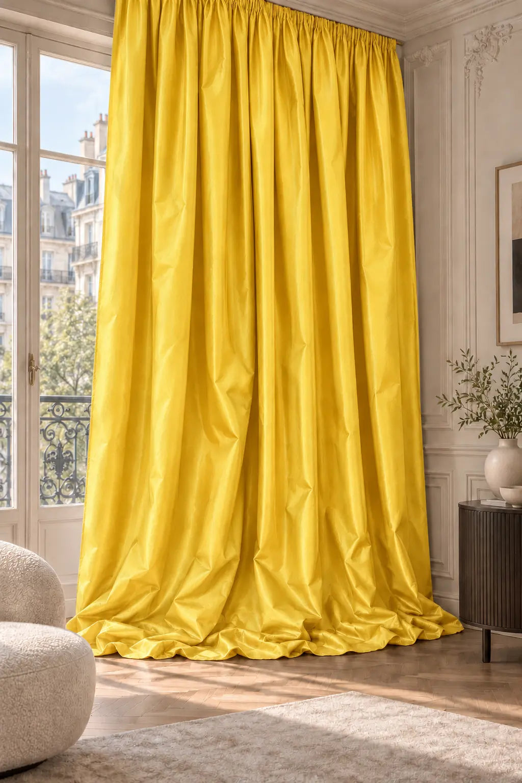 Double rideaux Tito Taffetas 5001 en situation, taffetas grande largeur, coloris jaune soleil