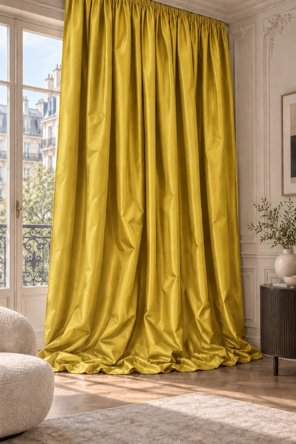 Double rideaux Tito Taffetas 5201 en situation, taffetas grande largeur, coloris jaune moutarde