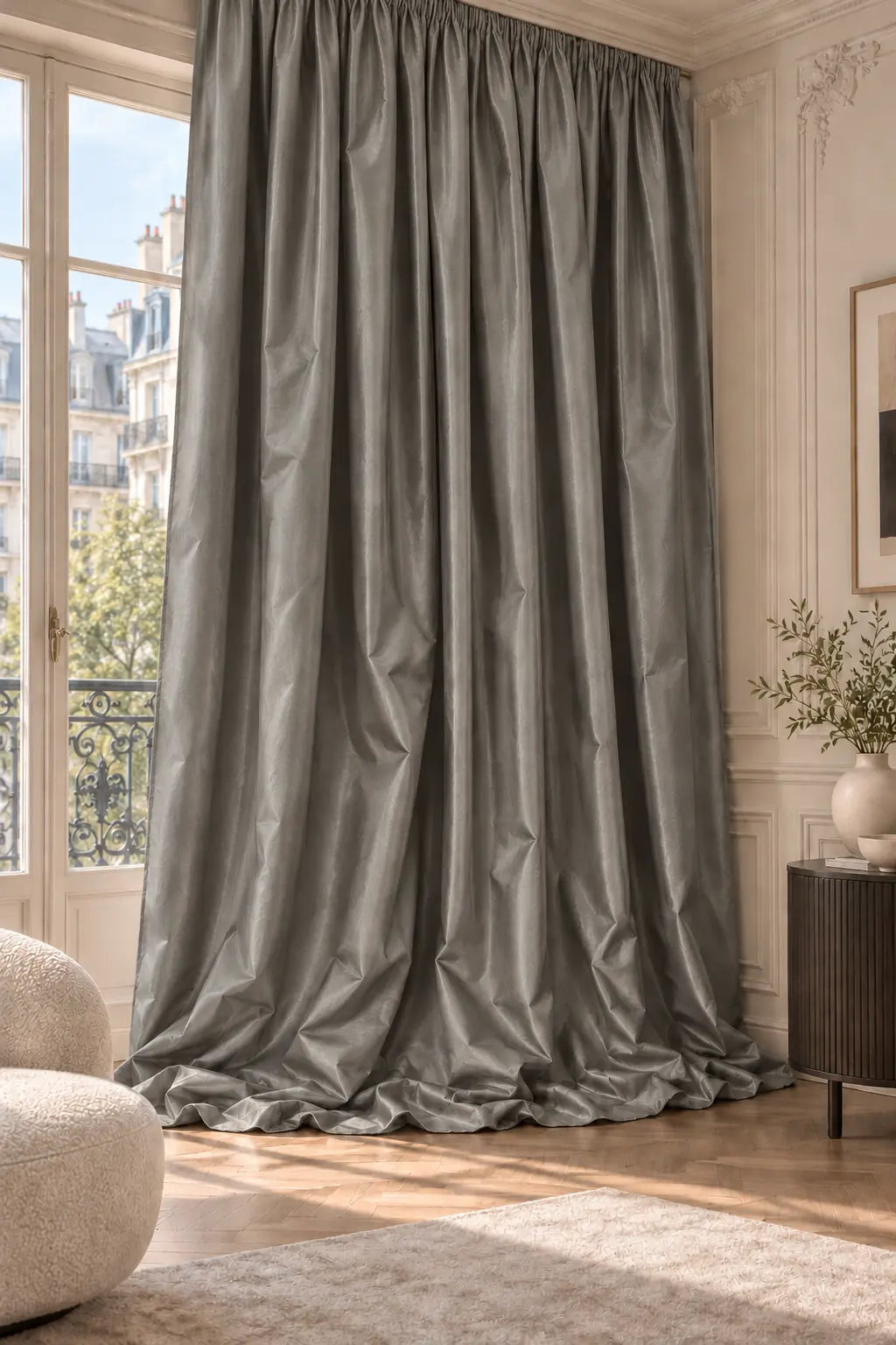 Double rideaux Tito Taffetas 5301 en situation, taffetas grande largeur, coloris gris étain