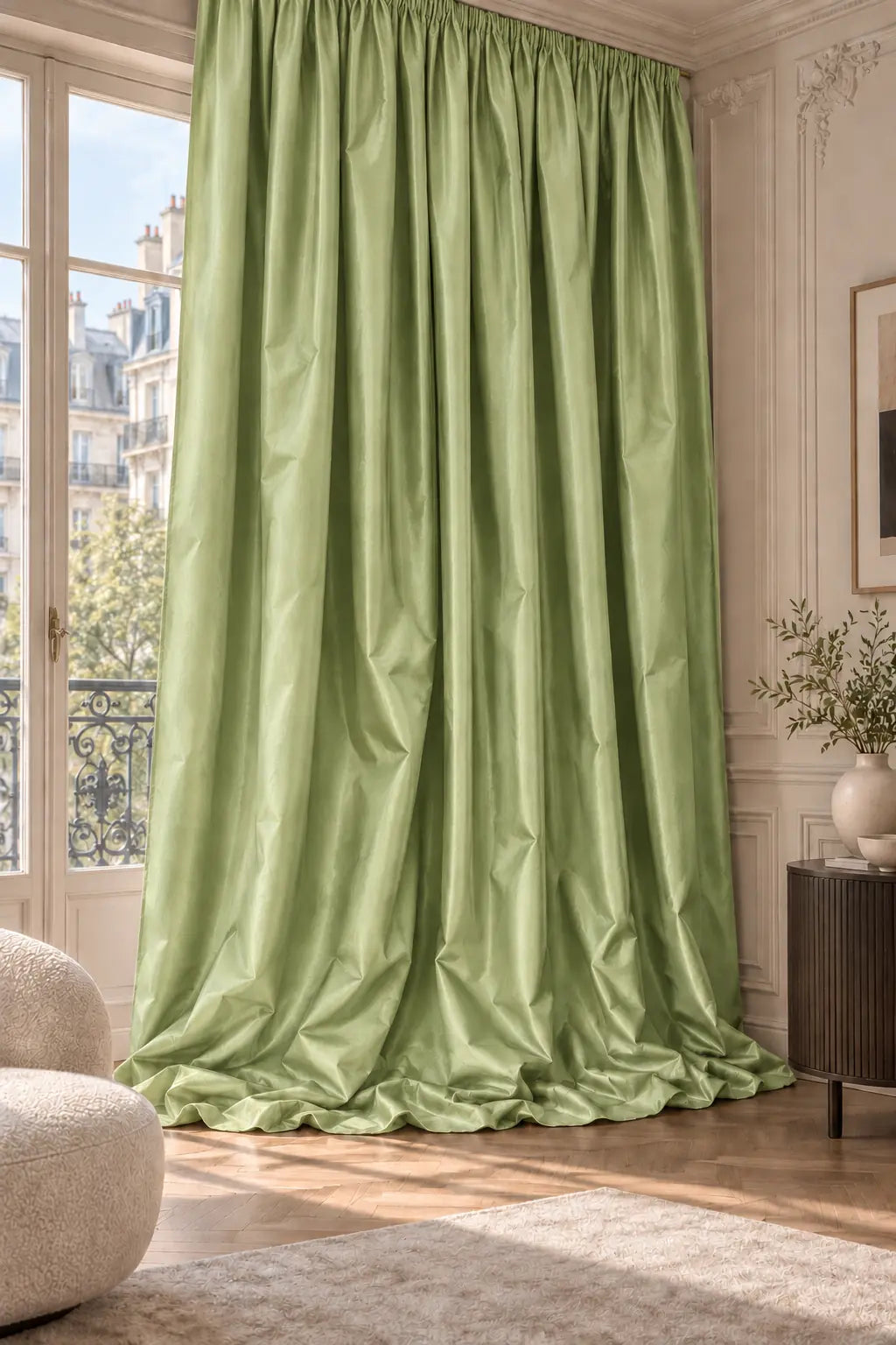 Double rideaux Tito Taffetas 5401 en situation, taffetas grande largeur, coloris vert tilleul