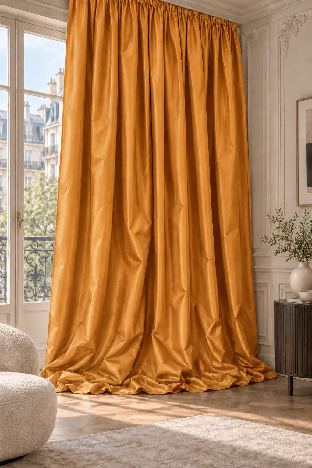 Double rideaux Tito Taffetas 5501 en situation, taffetas grande largeur, coloris ocre safran