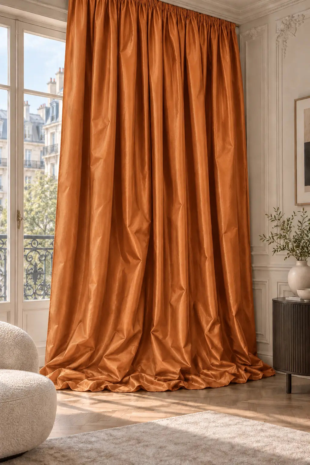 Double rideaux Tito Taffetas 5601 en situation, taffetas grande largeur, coloris orange cuivre