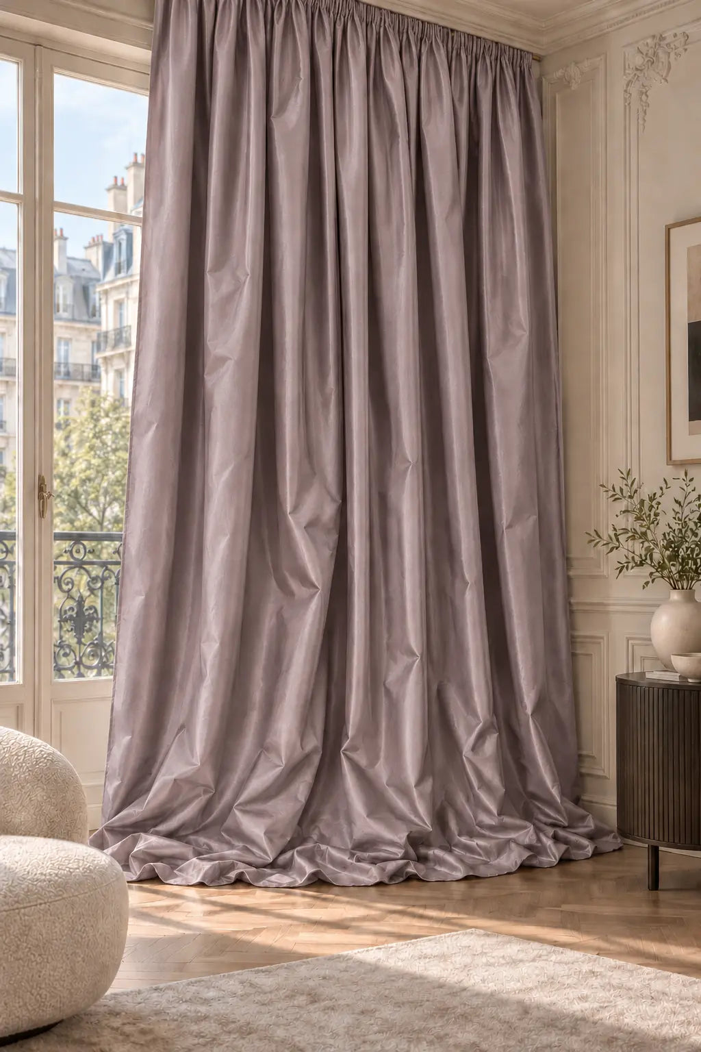 Double rideaux Tito Taffetas 5901 en situation, taffetas grande largeur, coloris lilas grisé