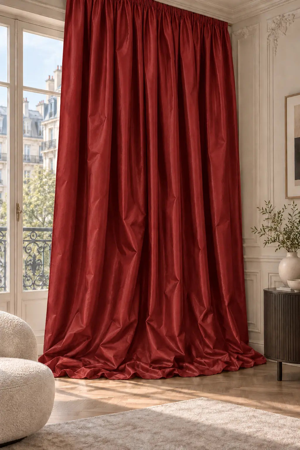 Double rideaux Tito Taffetas 6001 en situation, taffetas grande largeur, coloris rouge grenat