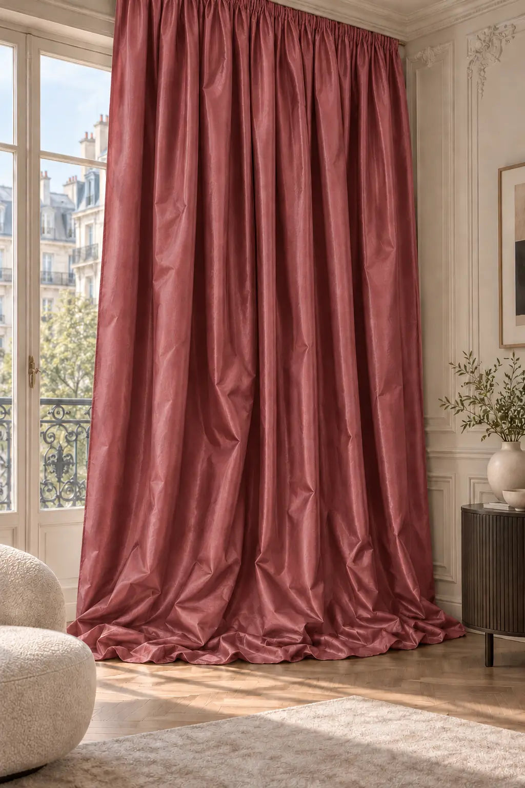 Double rideaux Tito Taffetas 6201 en situation, taffetas grande largeur, coloris rose framboise