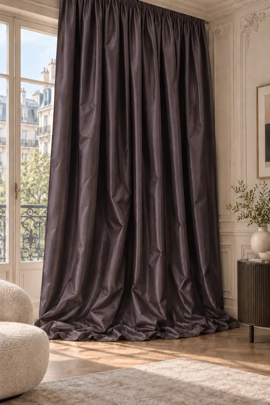 Double rideaux Tito Taffetas 6301 en situation, taffetas grande largeur, coloris aubergine noire