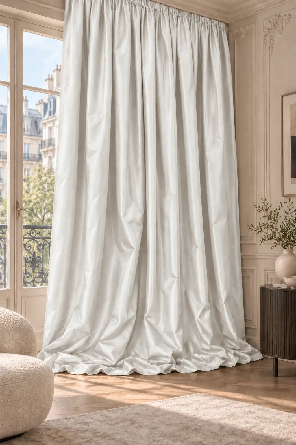 Double rideaux Tito Taffetas 6601 en situation, taffetas grande largeur, coloris blanc brume