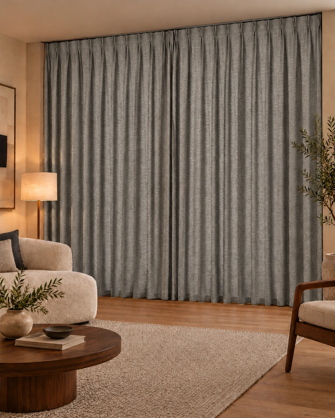 Double rideaux Denim 11 Taupe en situation, tissu dimout non-feu de 300 cm