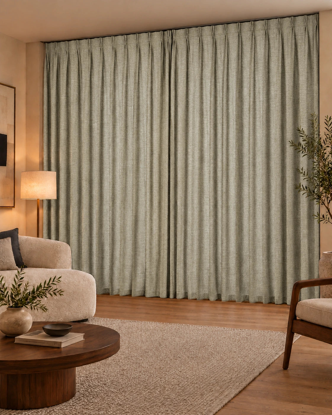 Double rideaux Denim 61 Lemon Grass en situation, tissu dimout non-feu de 300 cm