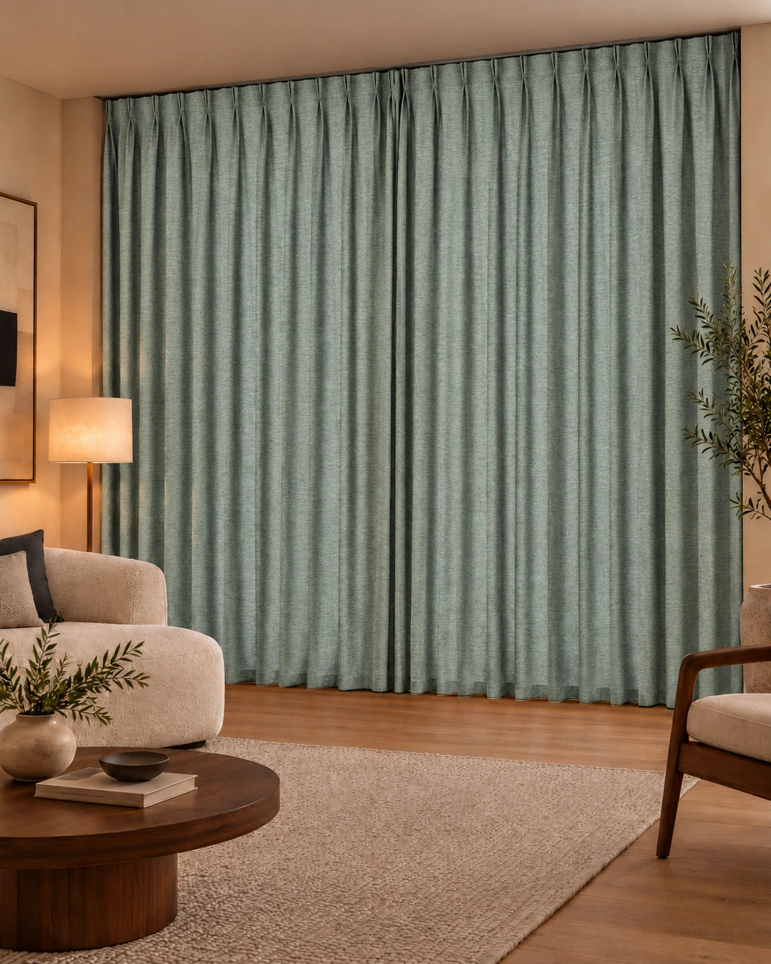 Double rideaux Denim 62 Mint en situation, tissu dimout non-feu de 300 cm