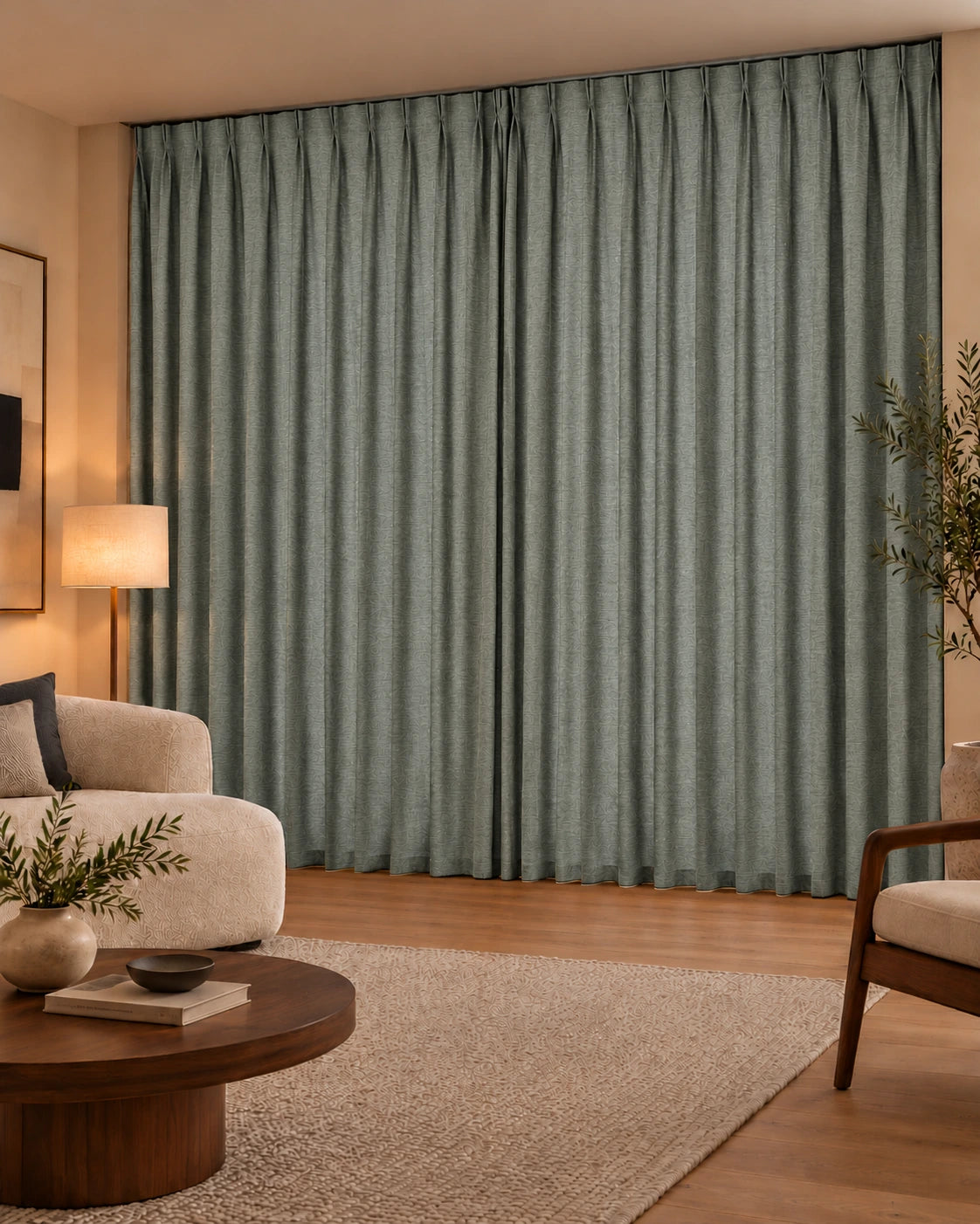 Double rideaux Denim 63 Leaf en situation, tissu dimout non-feu de 300 cm