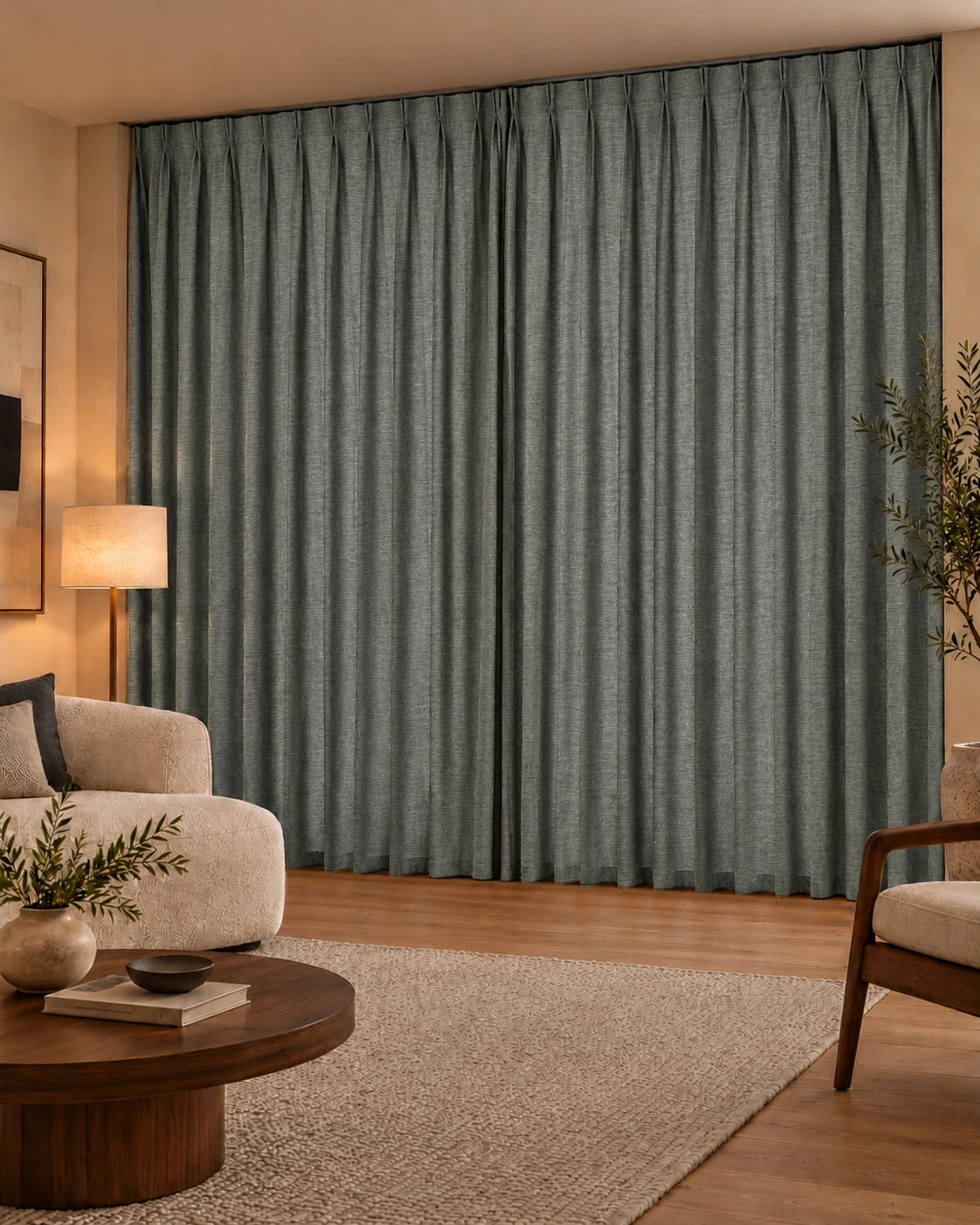 Double rideaux Denim 65 Sage en situation, tissu dimout non-feu de 300 cm