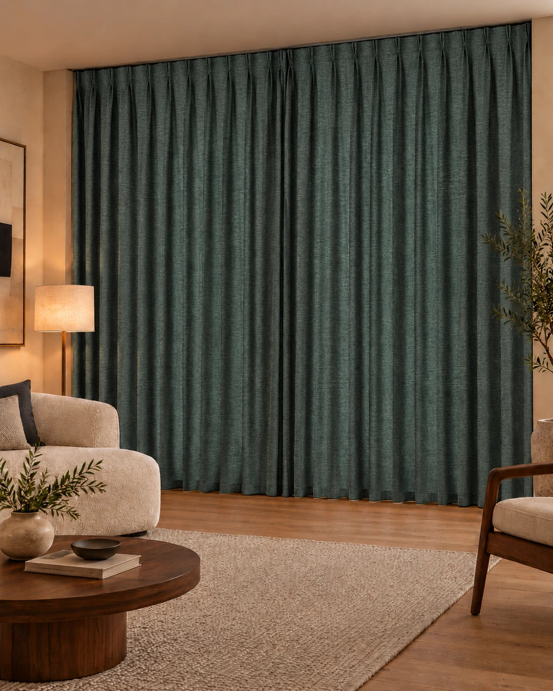 Double rideaux Denim 67 Pine en situation, tissu dimout non-feu de 300 cm