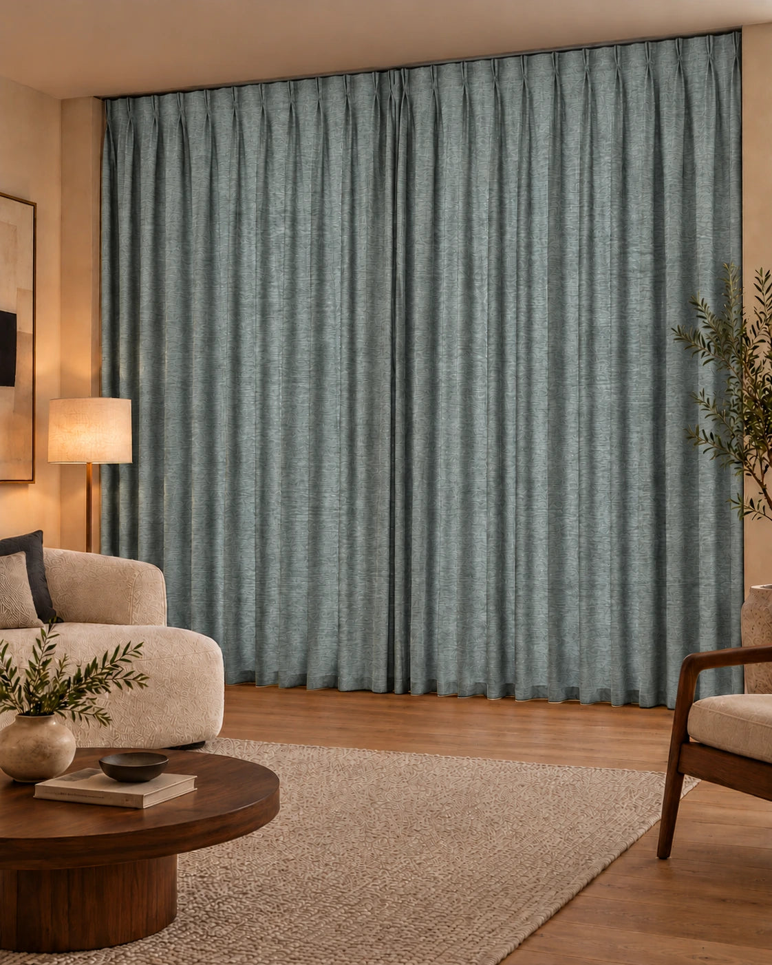 Double rideaux Denim 71 Duck Egg en situation, tissu dimout non-feu de 300 cm