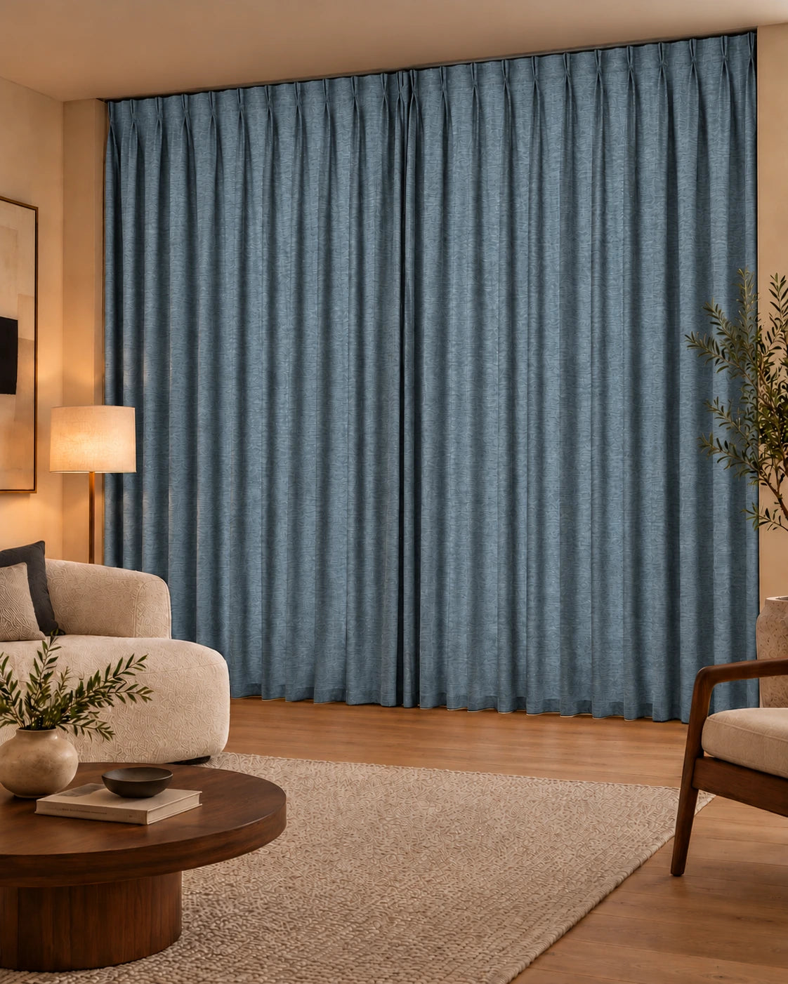 Double rideaux Denim 72 Etain Blue en situation, tissu dimout non-feu de 300 cm
