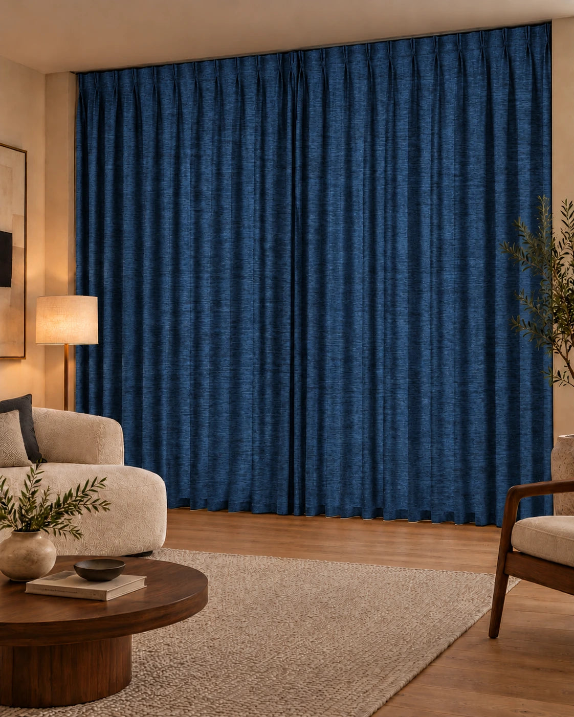 Double rideaux Denim 74 Marine en situation, tissu dimout non-feu de 300 cm