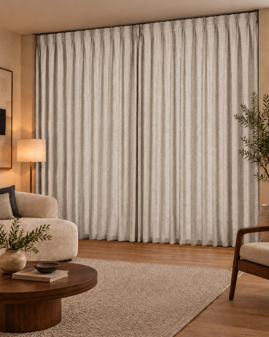Double rideaux Denim 81 Blush en situation, tissu dimout non-feu de 300 cm