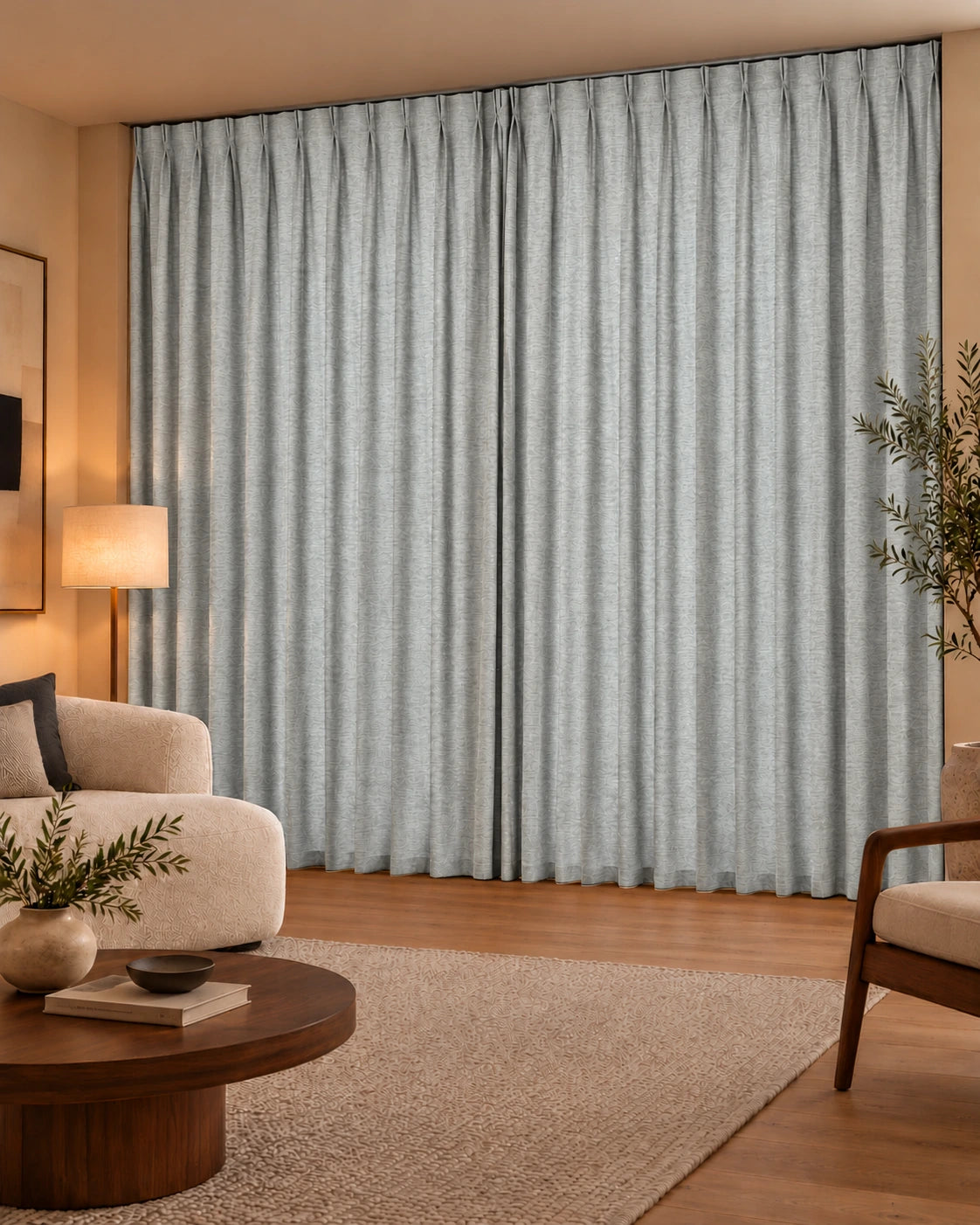 Double rideaux Denim 91 Breeze en situation, tissu dimout non-feu de 300 cm