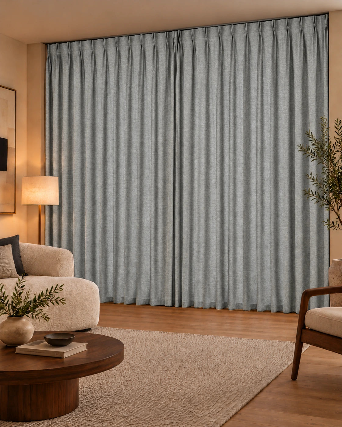 Double rideaux Denim 92 Silver en situation, tissu dimout non-feu de 300 cm