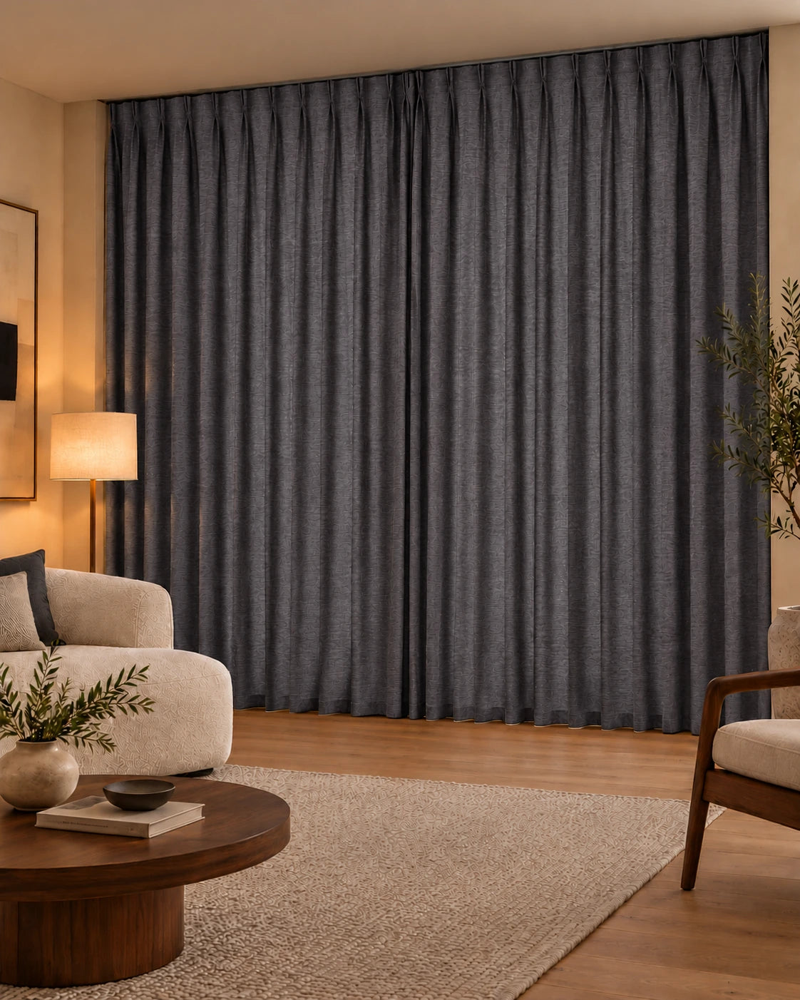 Double rideaux Denim 96 Slate en situation, tissu dimout non-feu de 300 cm