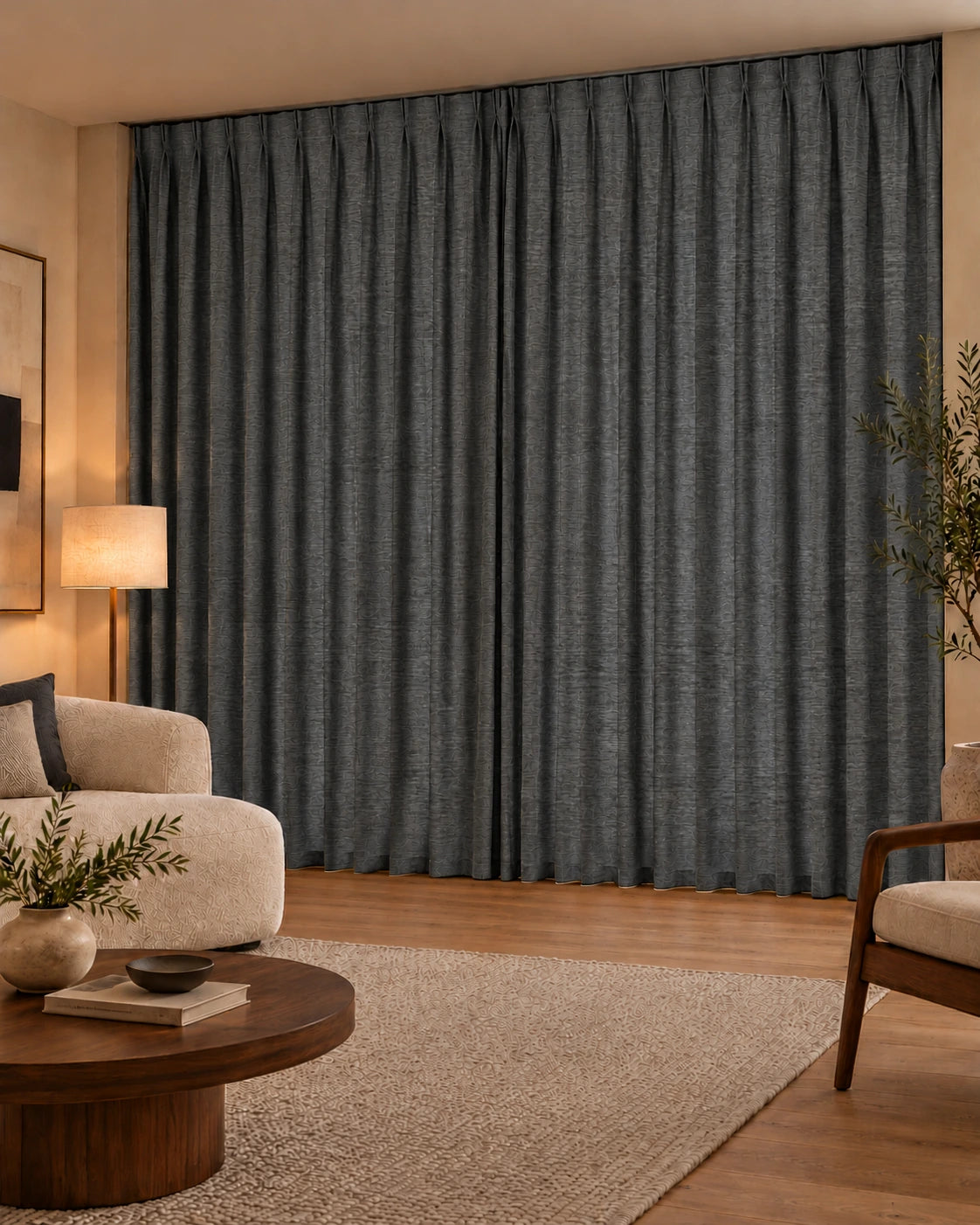 Double rideaux Denim 97 Charcoal en situation, tissu dimout non-feu de 300 cm
