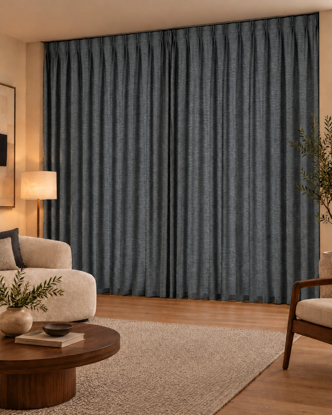 Double rideaux Denim 98 Dark Grey en situation, tissu dimout non-feu de 300 cm