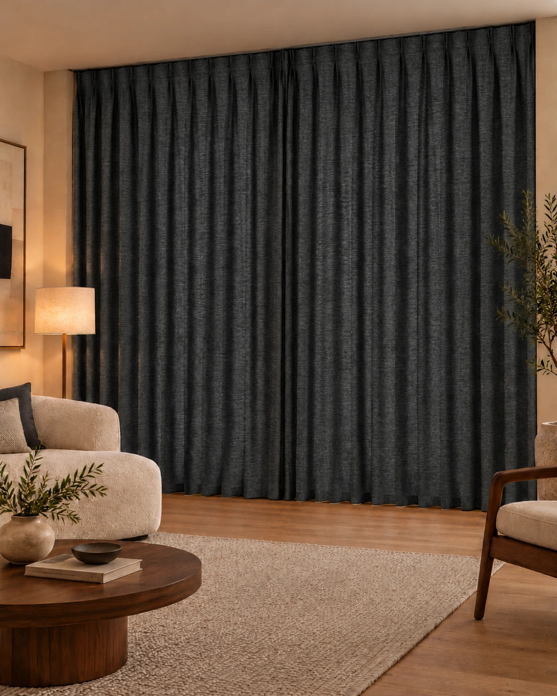 Double rideaux Denim 99 Black en situation, tissu dimout non-feu de 300 cm