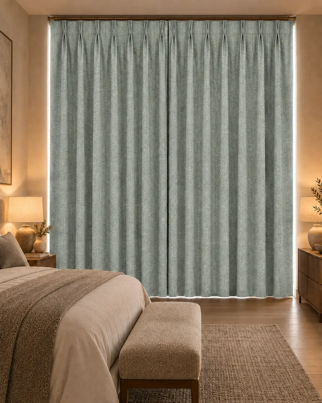 Double rideaux Merino 11 en situation dans une chambre, occultant non-feu, coloris vert sauge