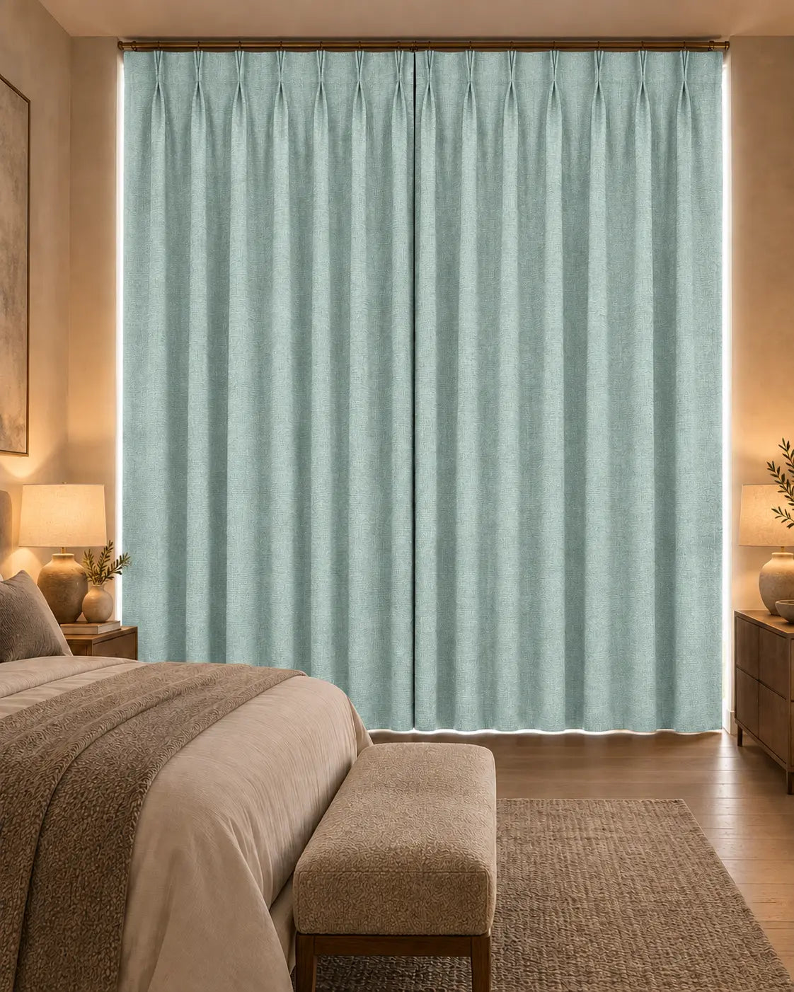 Double rideaux Merino 12 en situation dans une chambre, occultant non-feu, coloris céladon