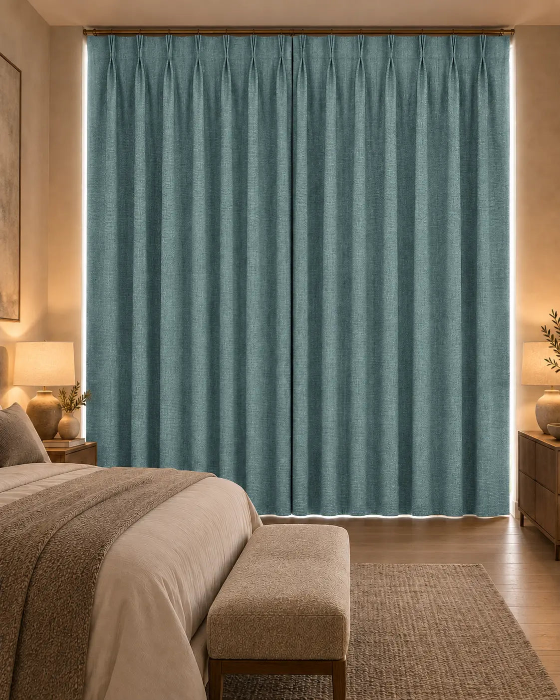 Double rideaux Merino 13 en situation dans une chambre, occultant non-feu, coloris vert-de-gris